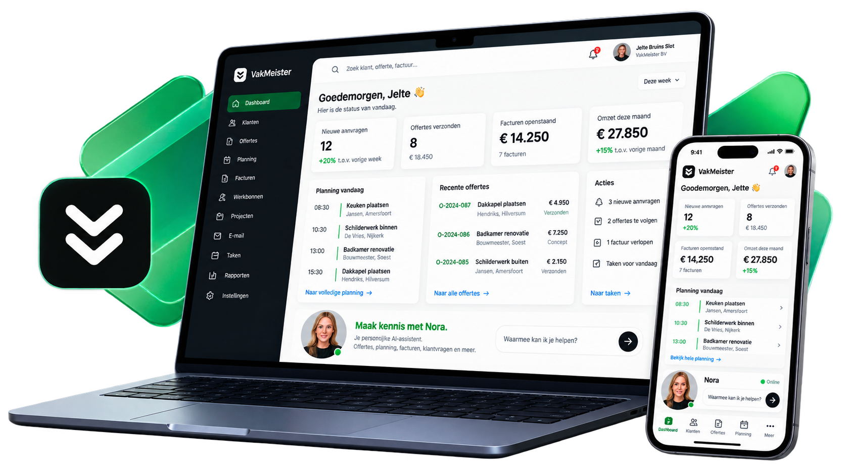 Vakmeister op laptop en telefoon: het dashboard met nieuwe aanvragen, verzonden offertes, openstaande facturen, de planning van vandaag en Nora als AI-assistent.